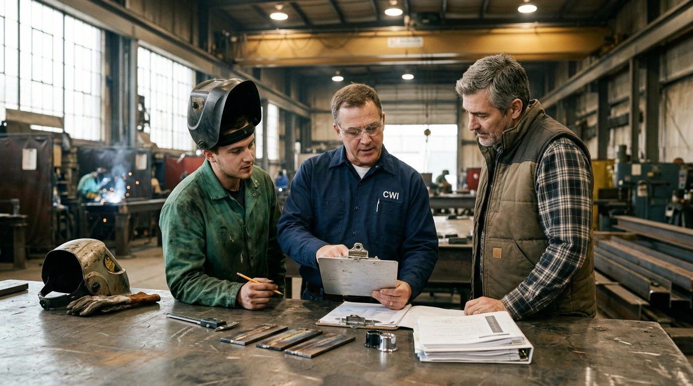 Certified welding inspector reviewing a weld on site