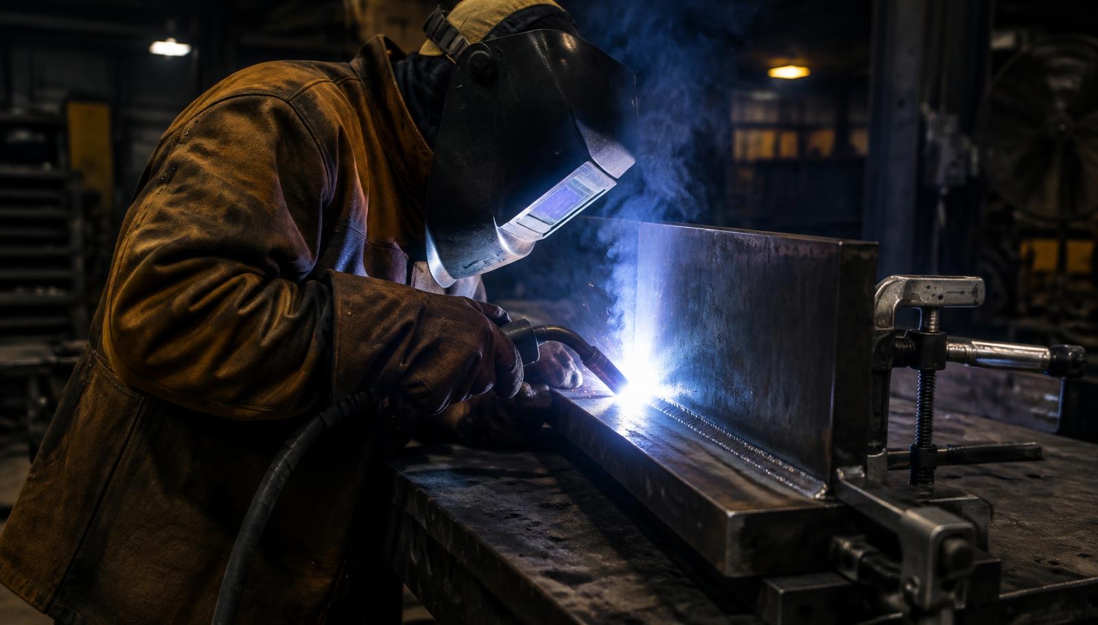 Welder in a leather jacket completing a structural steel groove weld test plate for AWS D1.1 welder certification in a Wisconsin fabrication shop
