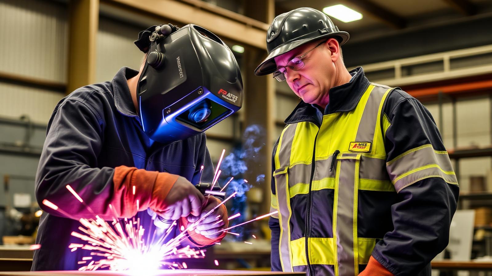 Welder completing an AWS structural steel qualification test while a Certified Welding Inspector observes in a Wisconsin fabrication shop