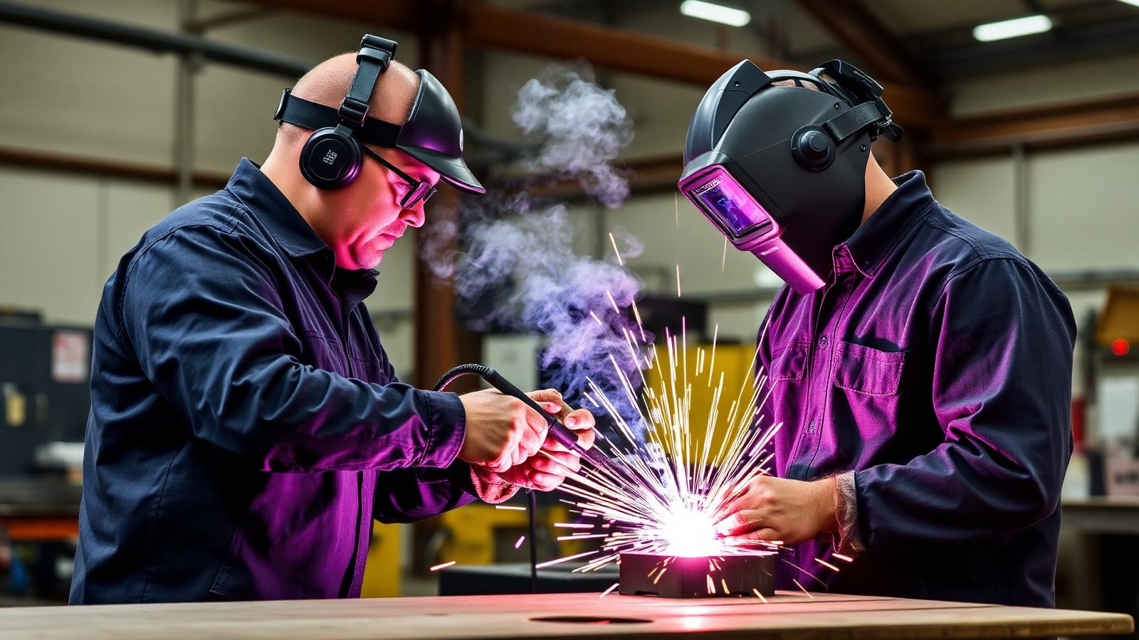 Welding instructor coaching a welder practicing a vertical qualification weld inside a Wisconsin fabrication shop