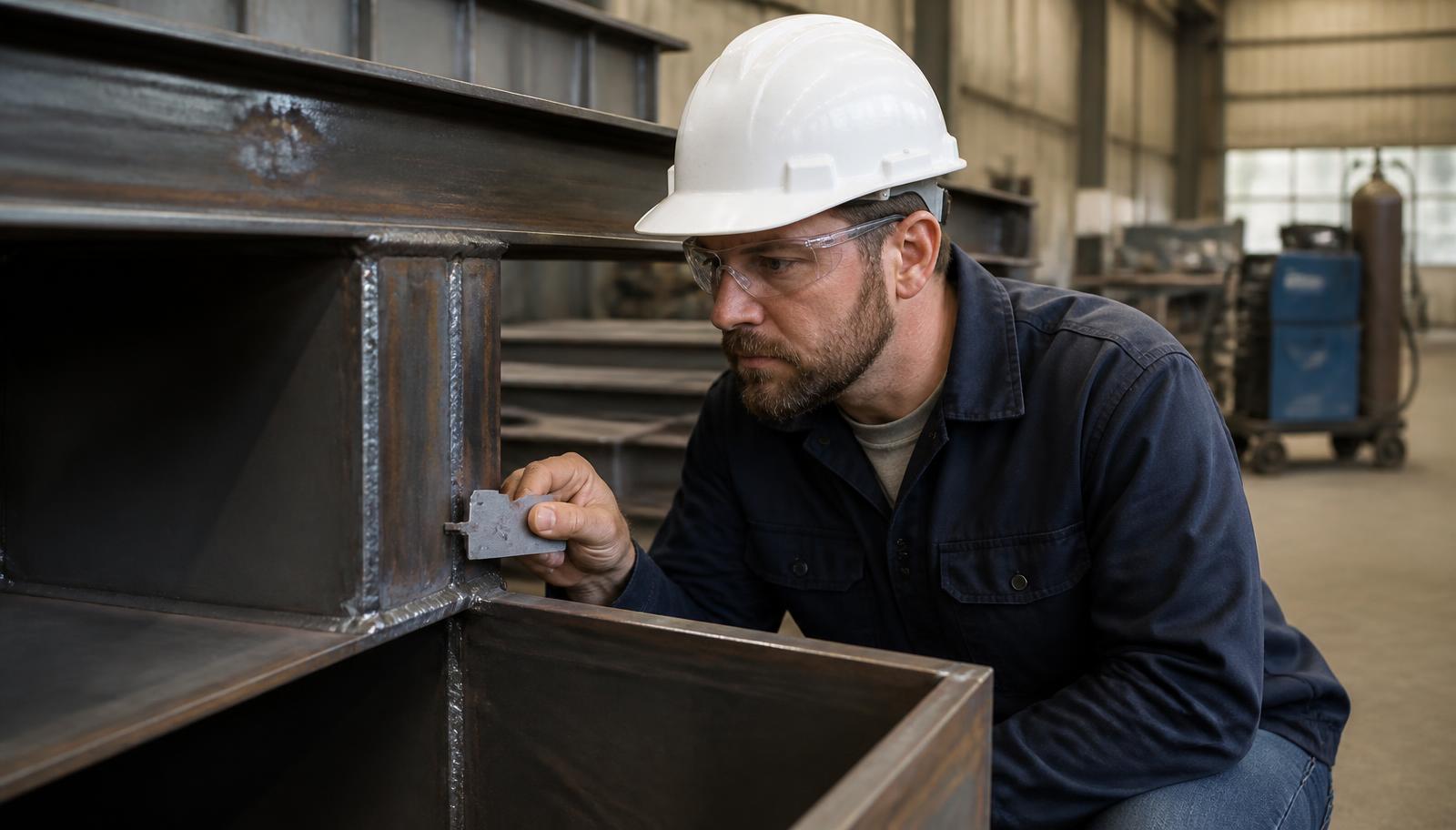 Certified Welding Inspector performing a visual inspection on structural steel welds inside a Wisconsin fabrication shop