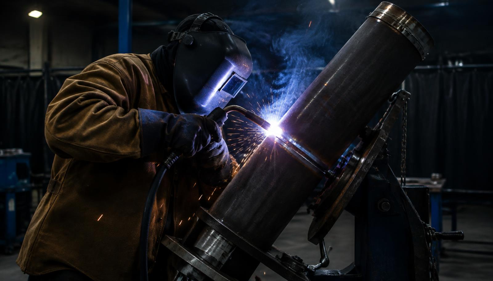 Pipe welder performing a 6G position weld on a steel pipe coupon fixed at a 45 degree angle on a test stand in a Wisconsin welding shop